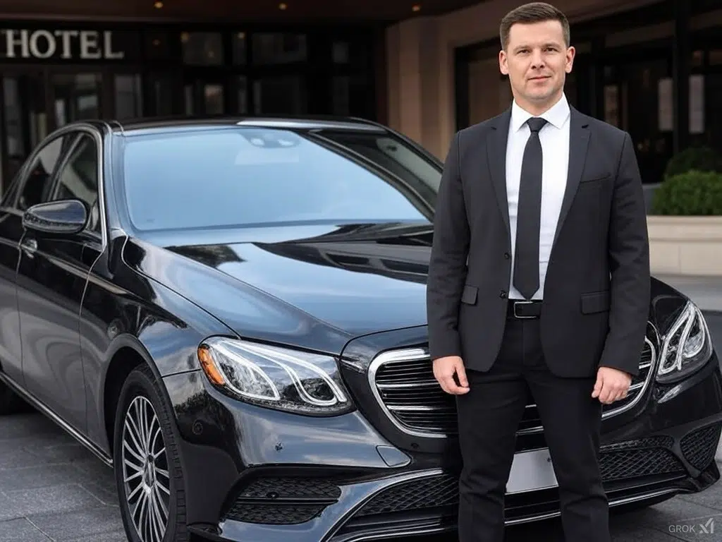 chauffeur privé VTC attendant son client devant sa mercedes classe E à bandol