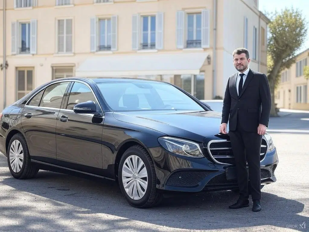 ap prestige driver chauffeur privé VTC attend son client devant sa mercedes classe E à Sanary-sur-mer